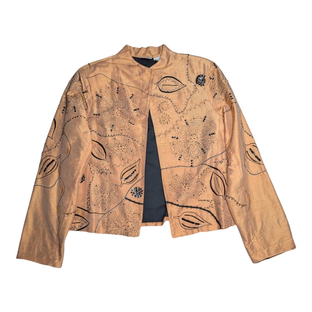 Vtg 1990s Bleu Bayou Metallic Light Orange Silk Embellished Open Front Jacket L